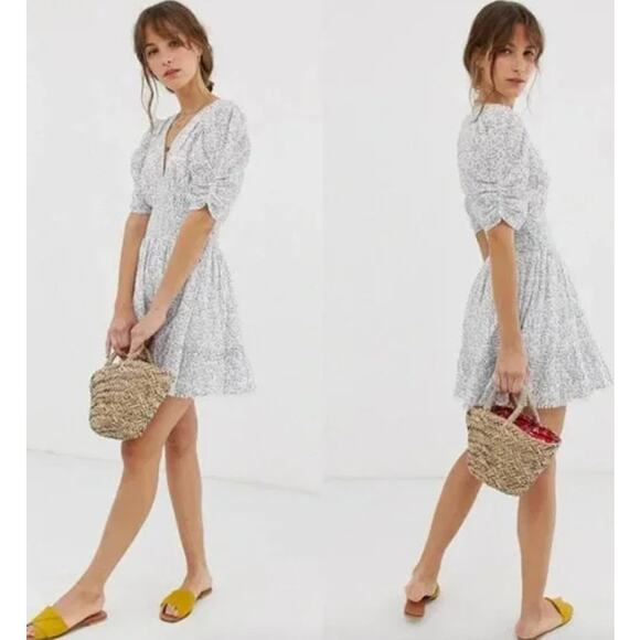 Cleobella Sadie Mini Dress Floral V-Neck Puff Sleeve Smocked Ruffle Cottagecore - Picture 15 of 16